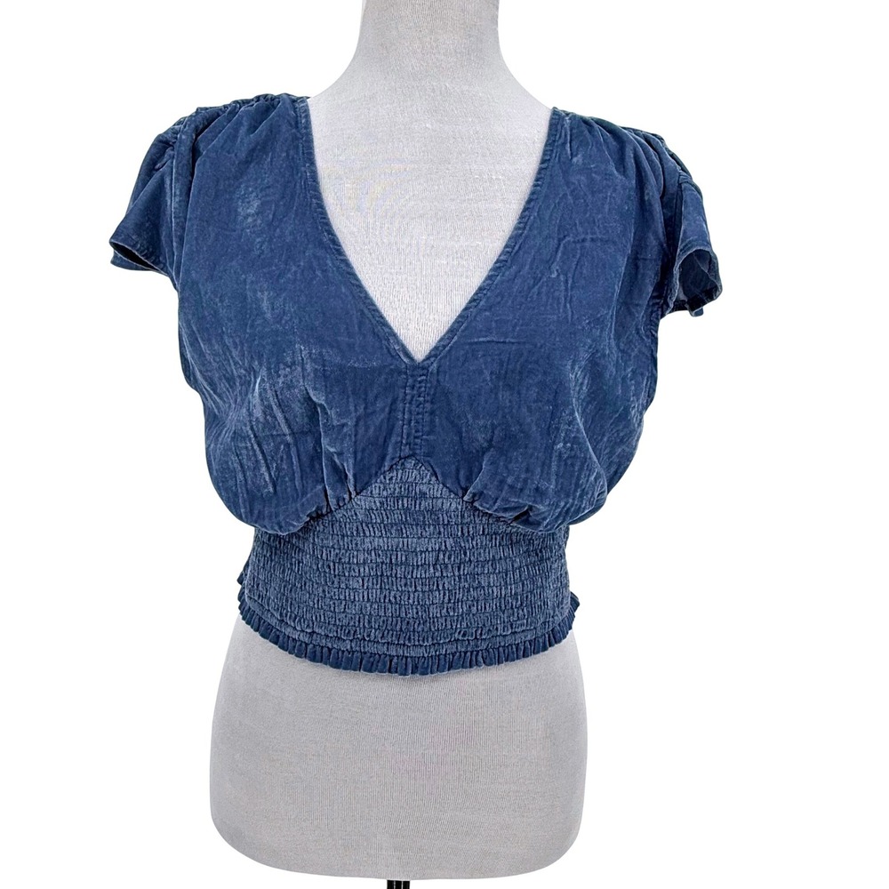 Aerie Smocked Cropped Velvet Babydoll Top Blue Size Large Flutter Sleeve V Neck